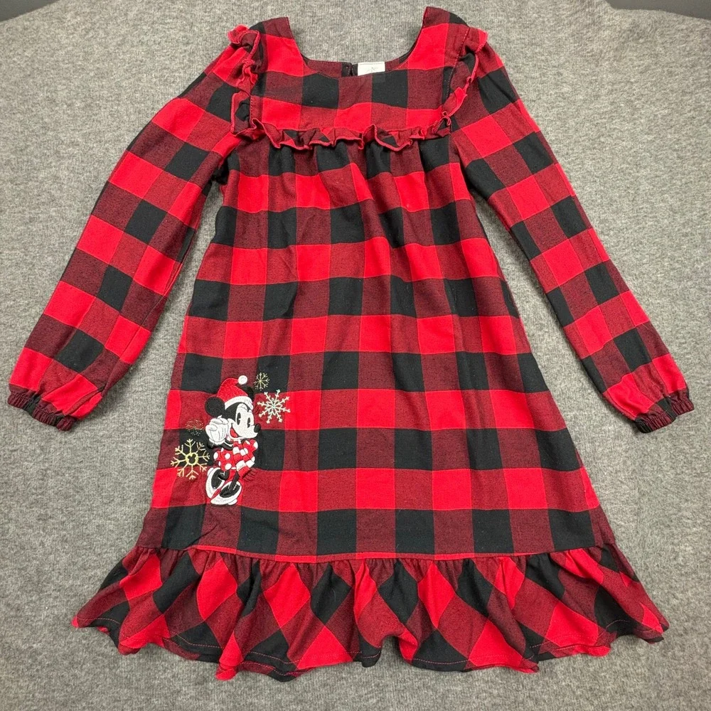 Disney Minnie Mouse Red Black Buffalo Plaid Long Sleeve Nightgown Girls Sz. 7/8 - Picture 1 of 6